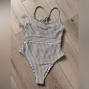 Shade & Shore Black and White Striped One Piece Swimsuit